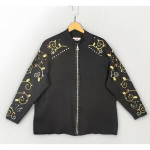 Quacker Factory Cardigan Sweater Full Beaded Zipper Womens 1X Black Sequins